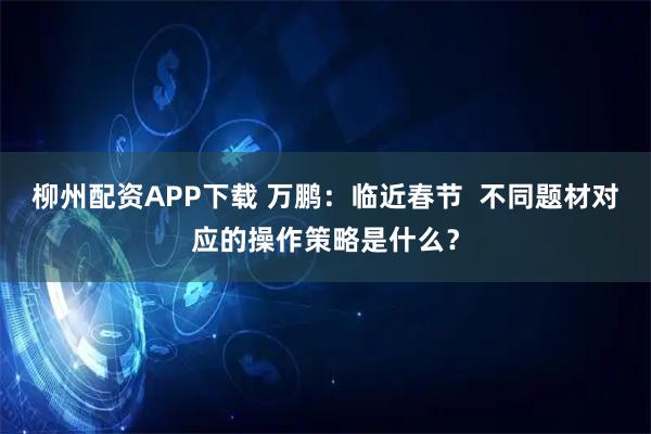 柳州配资APP下载 万鹏：临近春节  不同题材对应的操作策略是什么？